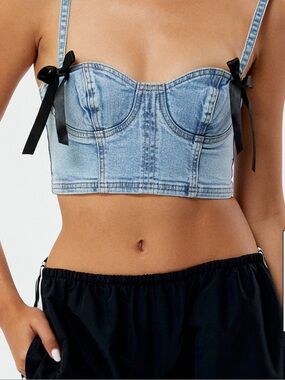 PacSun Light Blue Denim Bustier Crop Top with Black Bow Straps
